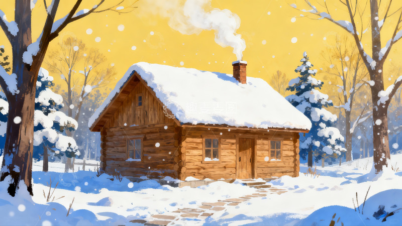 高清大图下载【趣麦麦图】雪中木屋冬日静谧景象