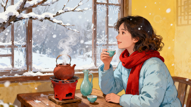 高清大图下载【趣麦麦图】雪景窗边女子品茶图