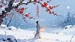 雪中红梅古装女子提灯漫步