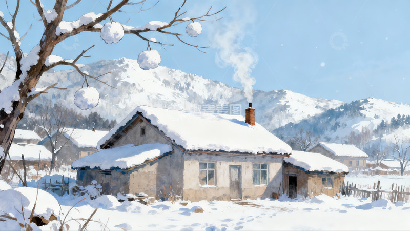 高清大图下载【趣麦麦图】雪覆小屋山景冬日画卷