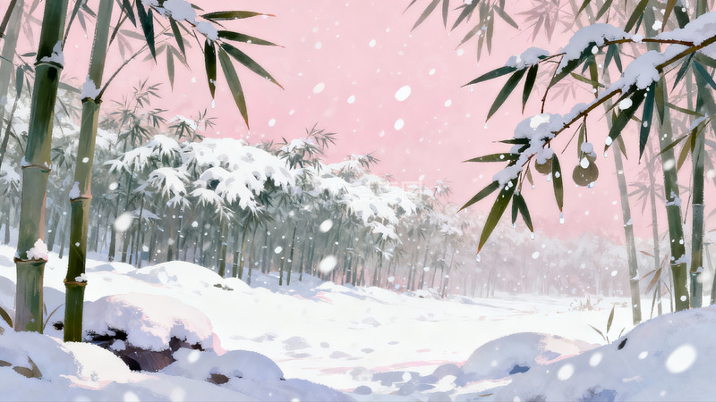 高清大图下载【趣麦麦图】雪落竹林粉红天