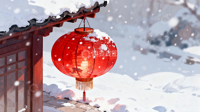 雪中红灯笼映古建筑