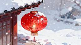 雪中红灯笼映古建筑