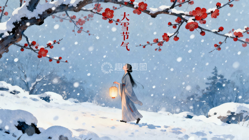 高清大图下载【趣麦麦图】雪中女子手持灯笼漫步