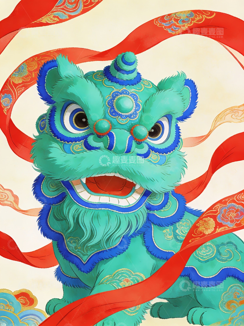 高清大图下载【趣麦麦图】青绿舞狮头绘图