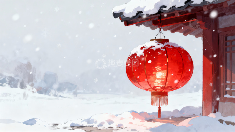 高清大图下载【趣麦麦图】雪中红灯笼映古建筑