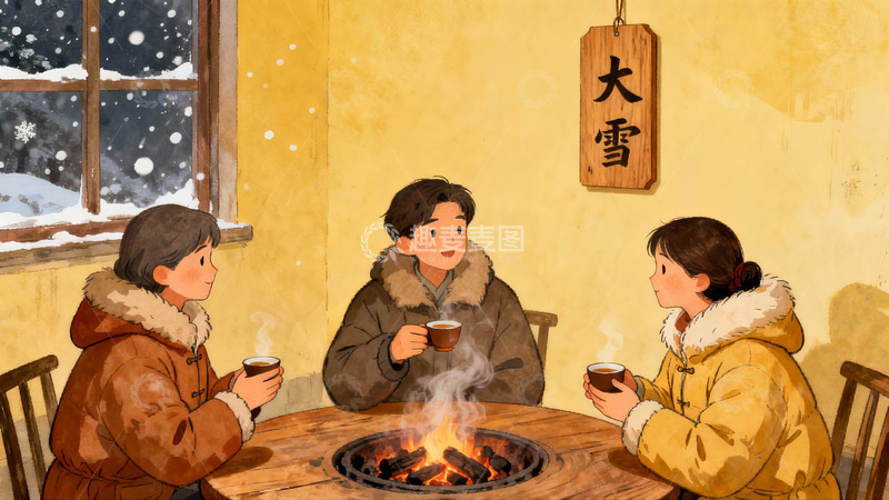 高清大图下载【趣麦麦图】三人围炉取暖冬日温馨场景