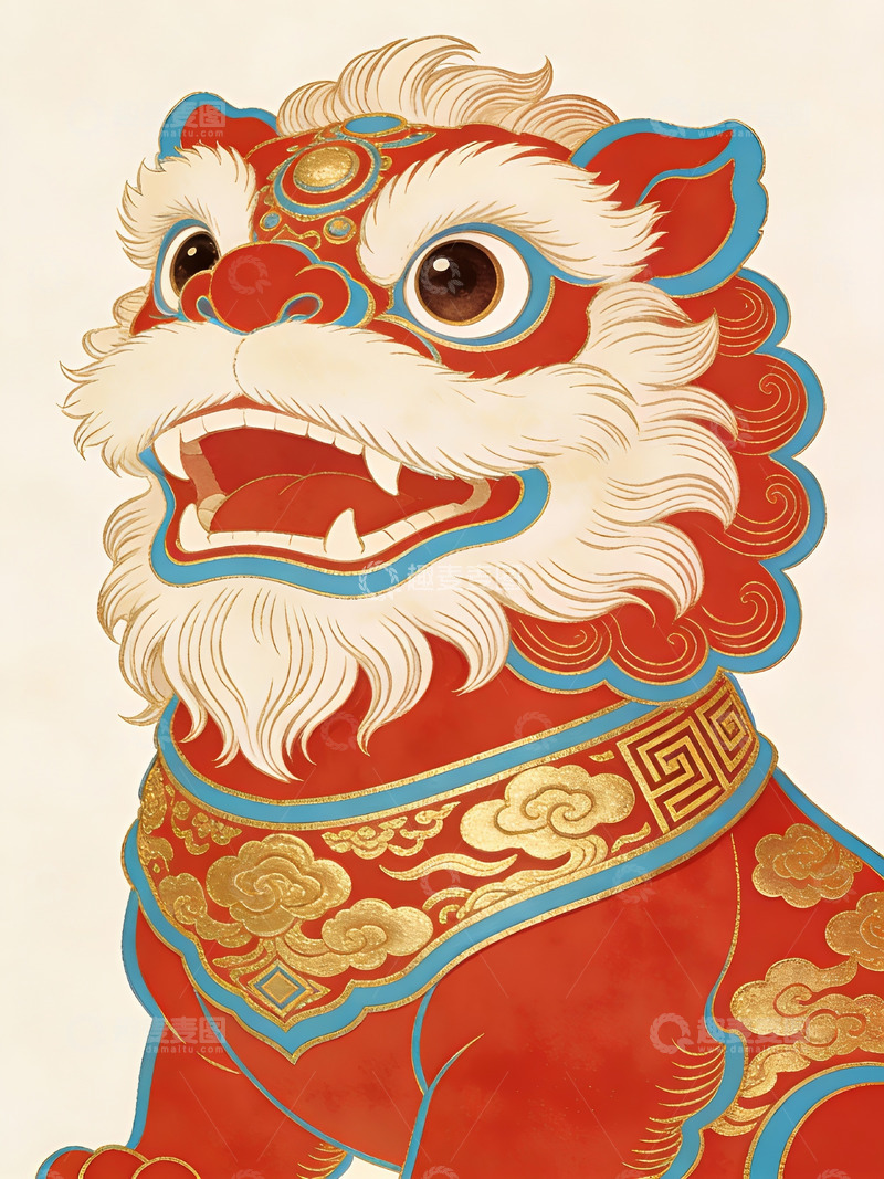 高清大图下载【趣麦麦图】中国传统红蓝狮子头艺术插画