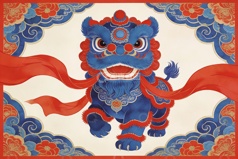 高清大图下载【趣麦麦图】蓝色舞狮图案艺术画