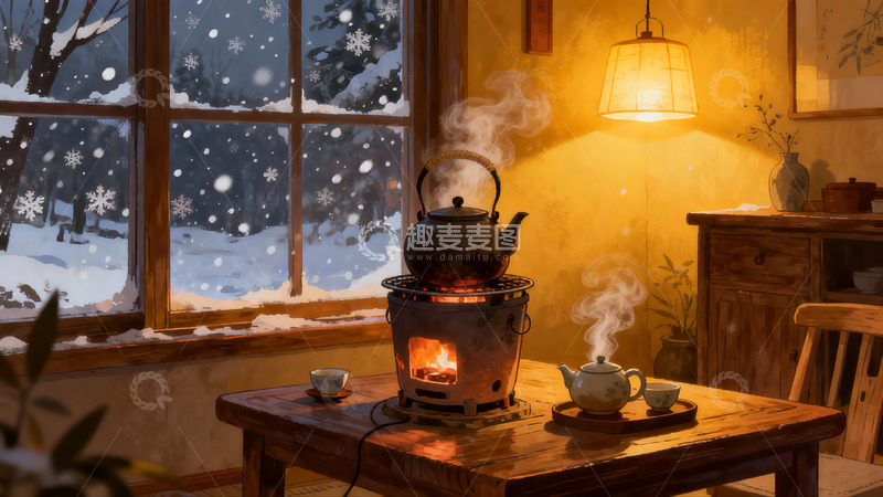 高清大图下载【趣麦麦图】冬日暖室雪景茶香