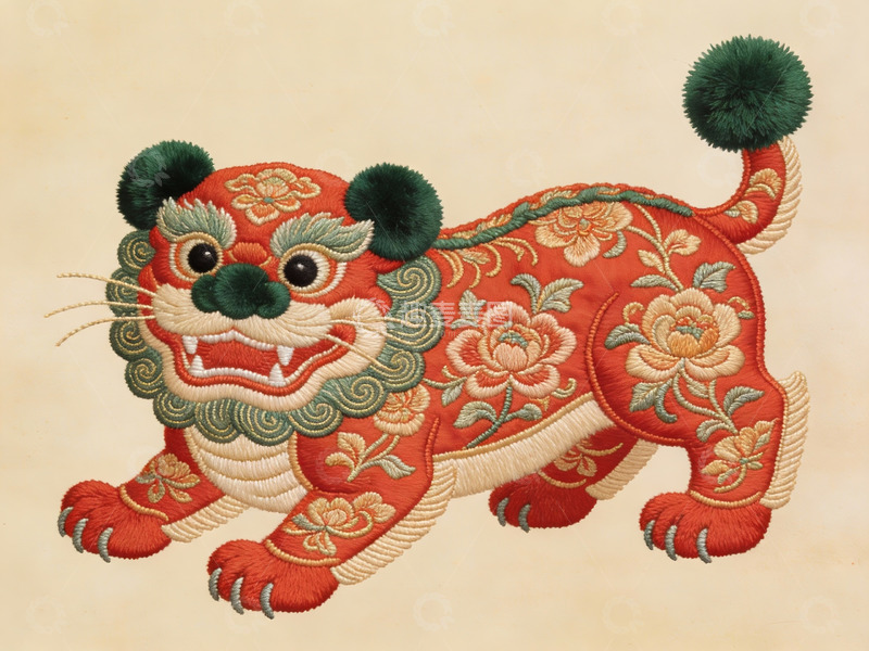 高清大图下载【趣麦麦图】色彩鲜艳的中国绣狮图案