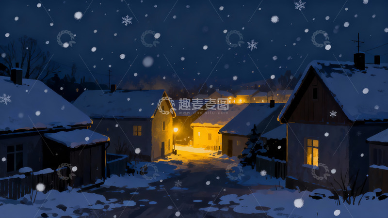 高清大图下载【趣麦麦图】雪夜村庄灯火温馨