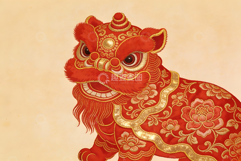 高清大图下载【趣麦麦图】红色舞狮头精美刺绣图案