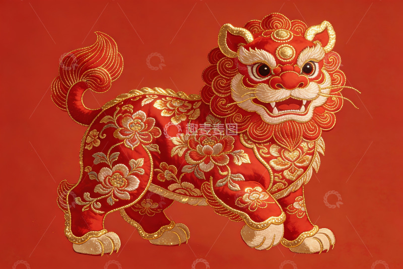 高清大图下载【趣麦麦图】红色背景上的金色狮子绣品