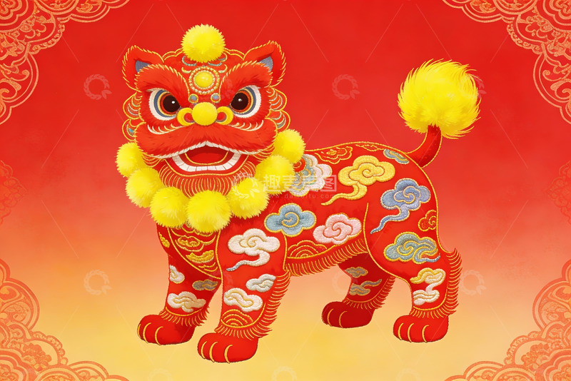 高清大图下载【趣麦麦图】红色舞狮形象节日装饰图案