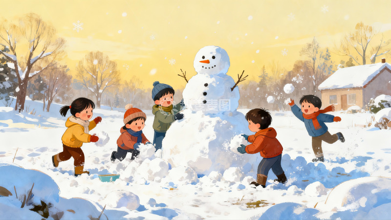 高清大图下载【趣麦麦图】儿童雪地堆雪人欢乐场景