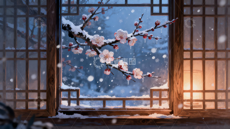 高清大图下载【趣麦麦图】窗前雪景梅花绽放
