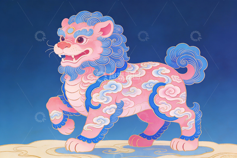 高清大图下载【趣麦麦图】粉色祥云瑞兽图