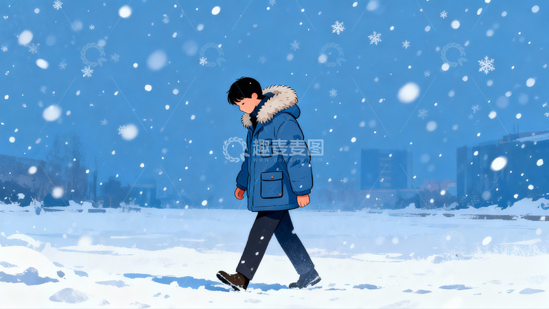 高清大图下载【趣麦麦图】雪中行人漫步冬日街景