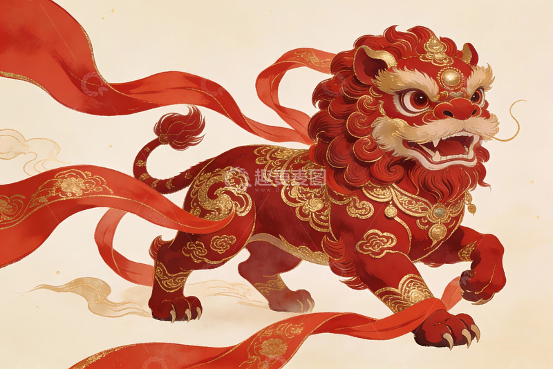 高清大图下载【趣麦麦图】红色祥狮舞动飘带