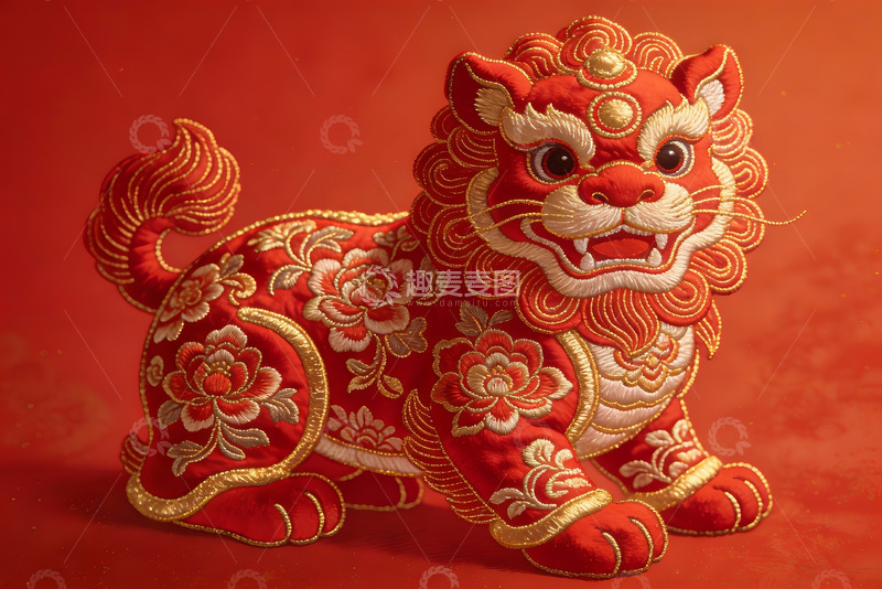 高清大图下载【趣麦麦图】红色绣狮精美工艺品