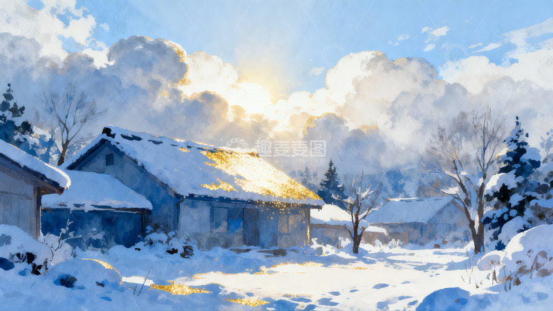 高清大图下载【趣麦麦图】雪后阳光照耀的乡村房屋