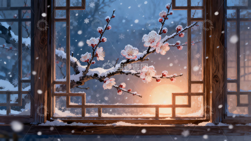 高清大图下载【趣麦麦图】雪中梅花窗景