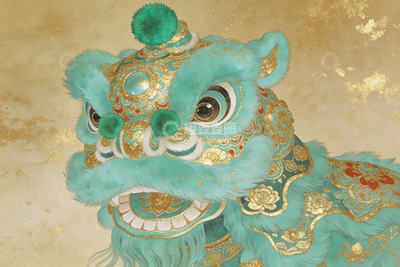 高清大图下载【趣麦麦图】精美青色舞狮头饰特写