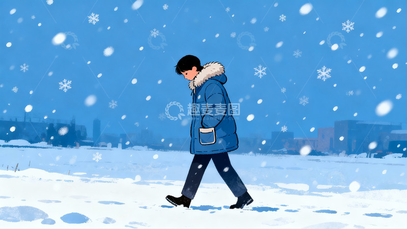 高清大图下载【趣麦麦图】雪中行人漫步冬日街头