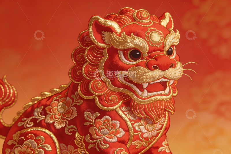 高清大图下载【趣麦麦图】红色刺绣狮子精致图案