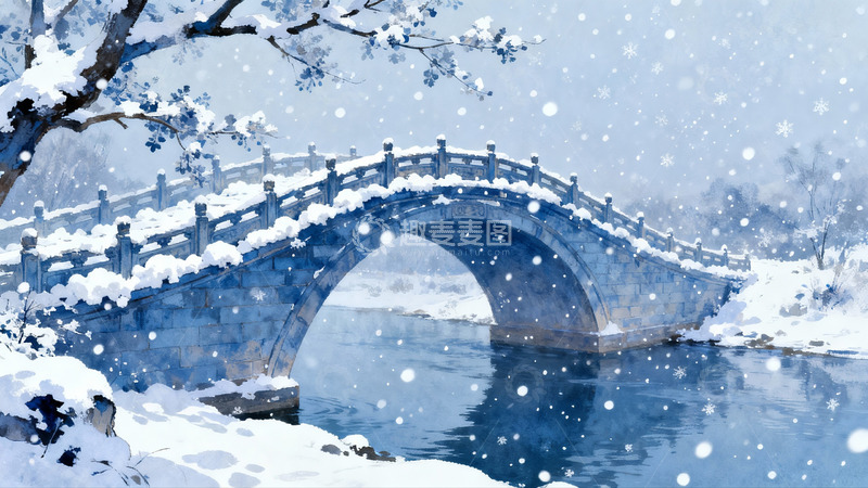 高清大图下载【趣麦麦图】雪景古桥流水图
