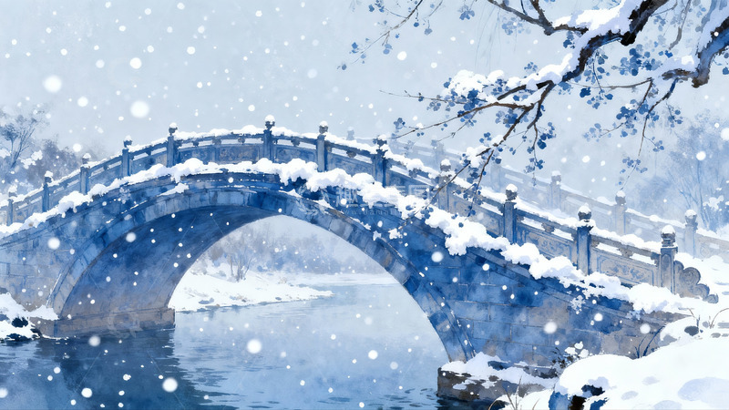 高清大图下载【趣麦麦图】雪景古桥流水冬日画卷