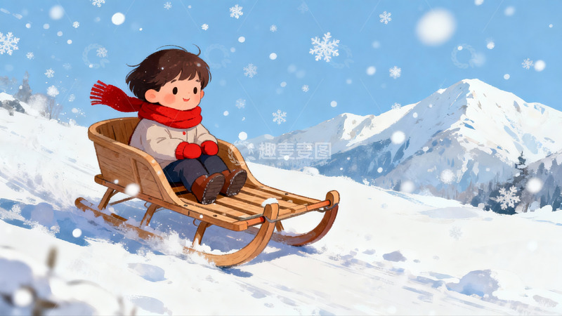高清大图下载【趣麦麦图】雪地木橇滑行欢乐场景