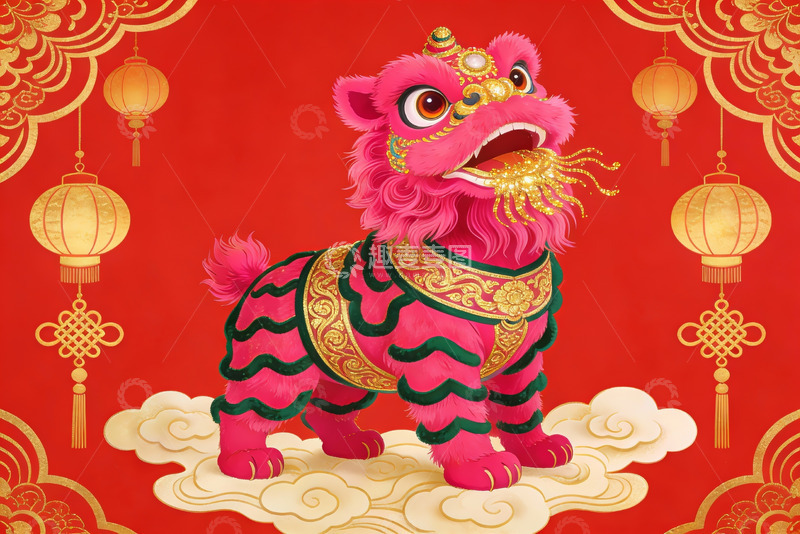 高清大图下载【趣麦麦图】红色背景下的粉色舞狮图案
