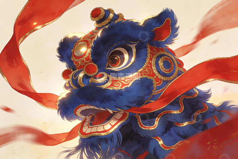 高清大图下载【趣麦麦图】蓝色舞狮头戴红色飘带