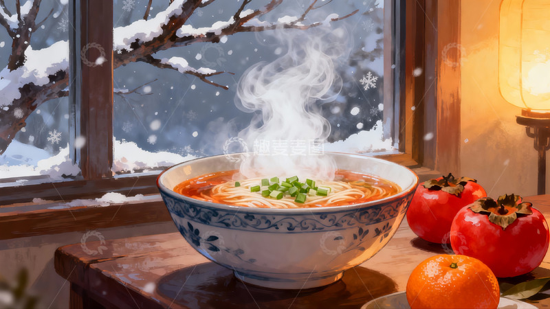 高清大图下载【趣麦麦图】冬日窗边热汤面与柿橘