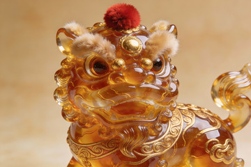 金色琉璃狮子雕像特写