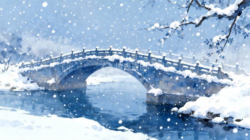 高清大图下载【趣麦麦图】雪景古桥流水图