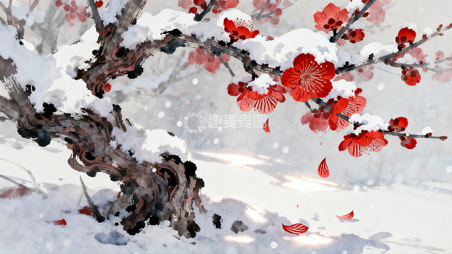 雪中红梅绽放
