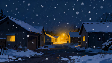 雪夜村庄灯火温暖