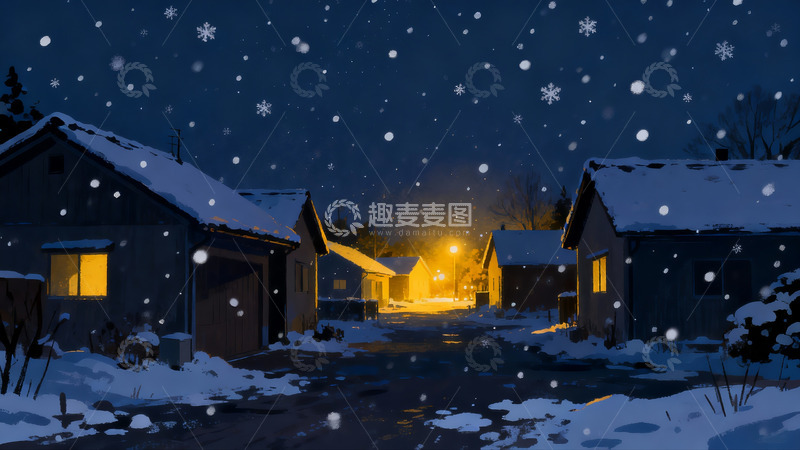 高清大图下载【趣麦麦图】雪夜村庄灯火温暖