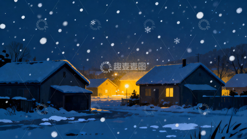 高清大图下载【趣麦麦图】雪夜村庄灯火温馨