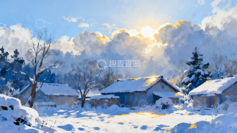高清大图下载【趣麦麦图】雪后村落晨曦景色