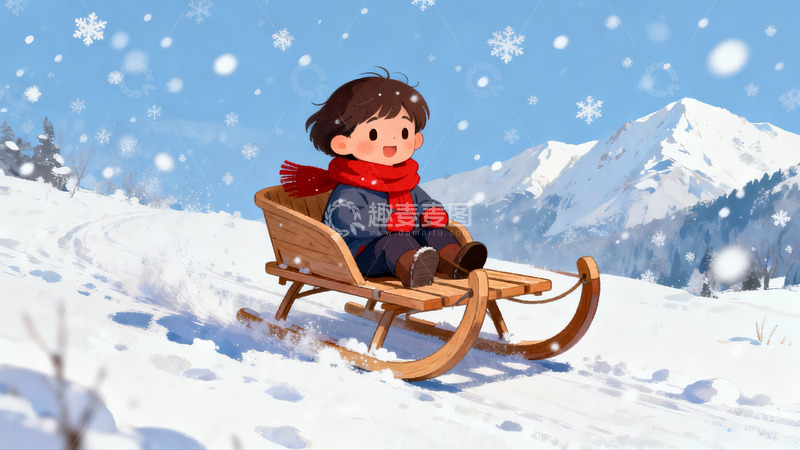 高清大图下载【趣麦麦图】雪地滑橇儿童欢乐冬景