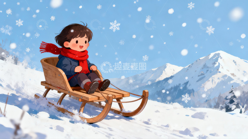 高清大图下载【趣麦麦图】雪地木橇滑行欢乐场景