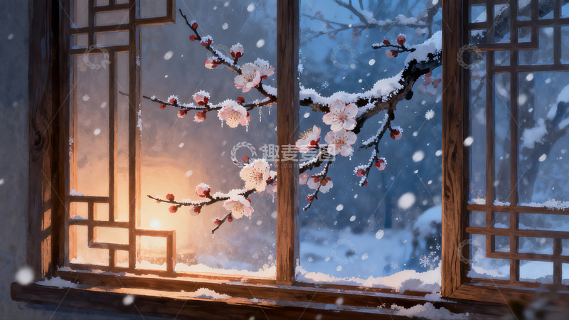 高清大图下载【趣麦麦图】窗前雪景梅花绽放