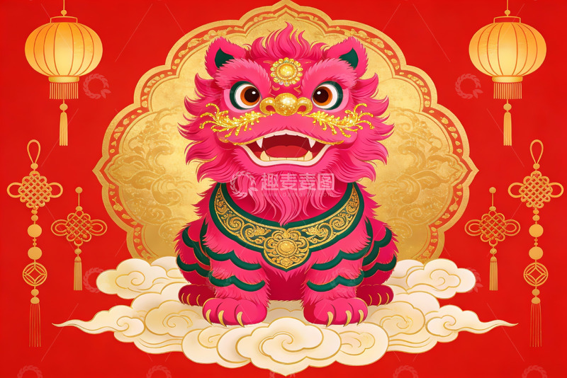 高清大图下载【趣麦麦图】红色背景下的粉色舞狮图案