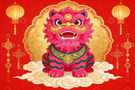 红色背景下的粉色舞狮图案