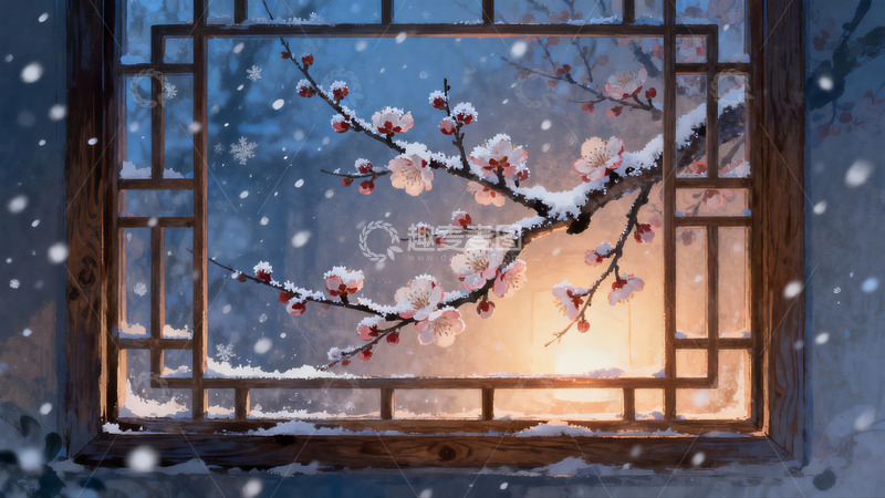 高清大图下载【趣麦麦图】窗前雪中梅花绽放