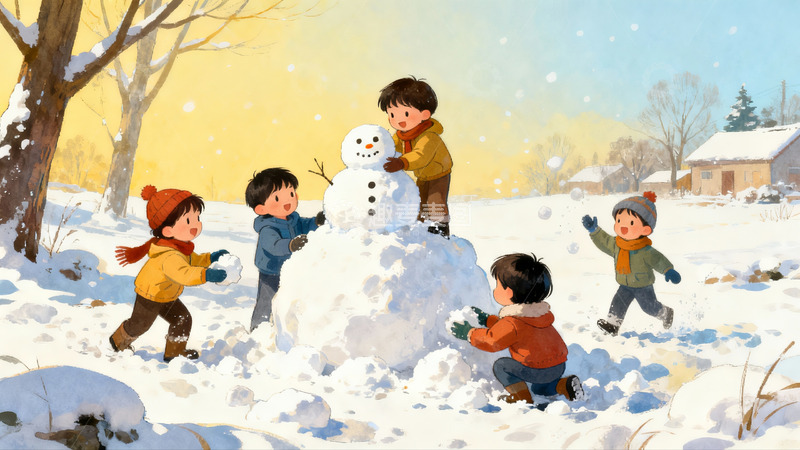 高清大图下载【趣麦麦图】儿童雪地堆雪人欢乐场景